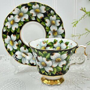 Royal Albert Flora Series Dogwood Footed Teacup & Saucer Black White Bone China